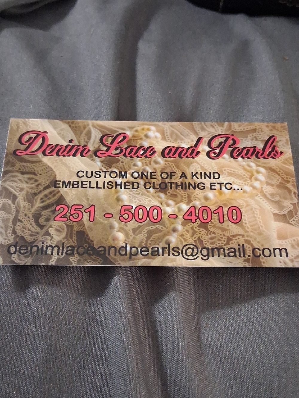 Denim Lace and Pearls Pink Script Business Card